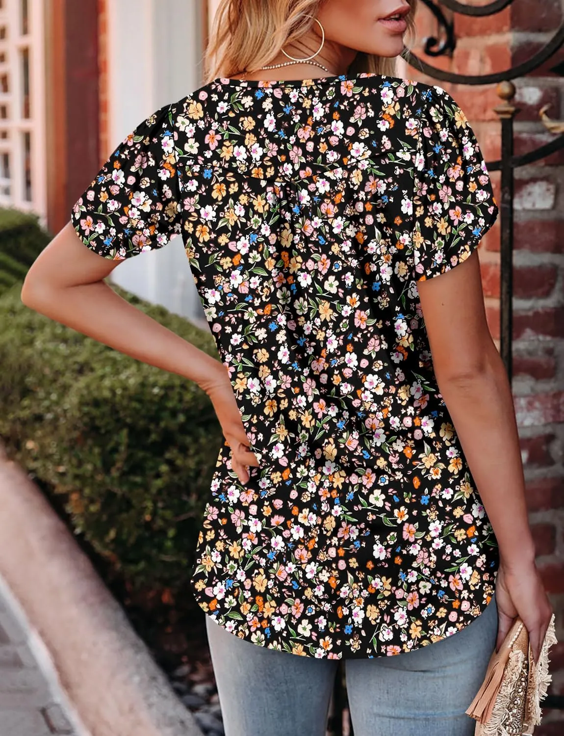 CRAZY GRID Womens Summer Tops Petal Short Sleeve Tshirt Summer Floral Boho Shirts Casual Flowy Tee Comfy Blouses