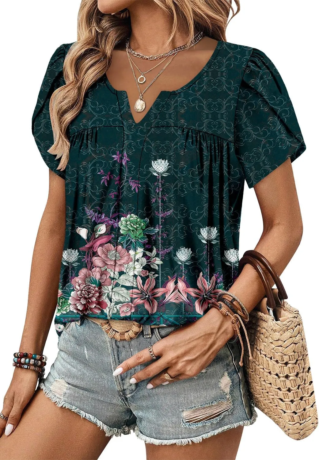 CRAZY GRID Womens Summer Tops Petal Short Sleeve Tshirt Summer Floral Boho Shirts Casual Flowy Tee Comfy Blouses