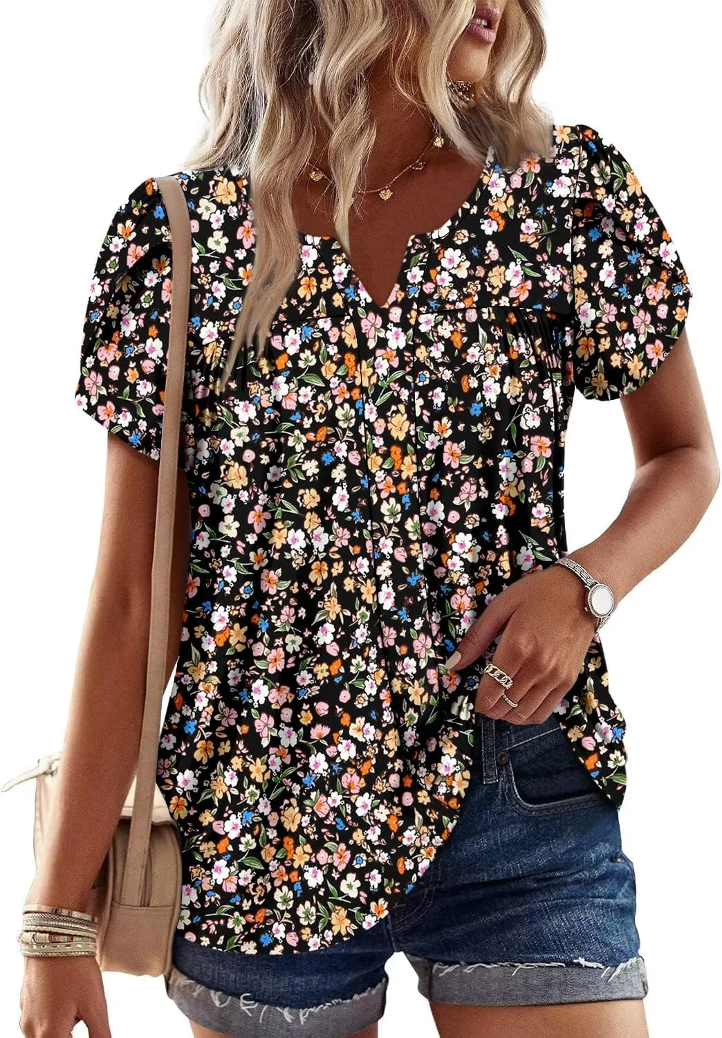 CRAZY GRID Womens Summer Tops Petal Short Sleeve Tshirt Summer Floral Boho Shirts Casual Flowy Tee Comfy Blouses