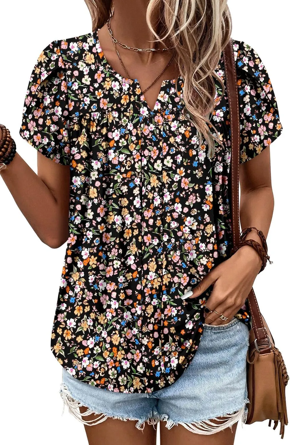 CRAZY GRID Womens Summer Tops Petal Short Sleeve Tshirt Summer Floral Boho Shirts Casual Flowy Tee Comfy Blouses