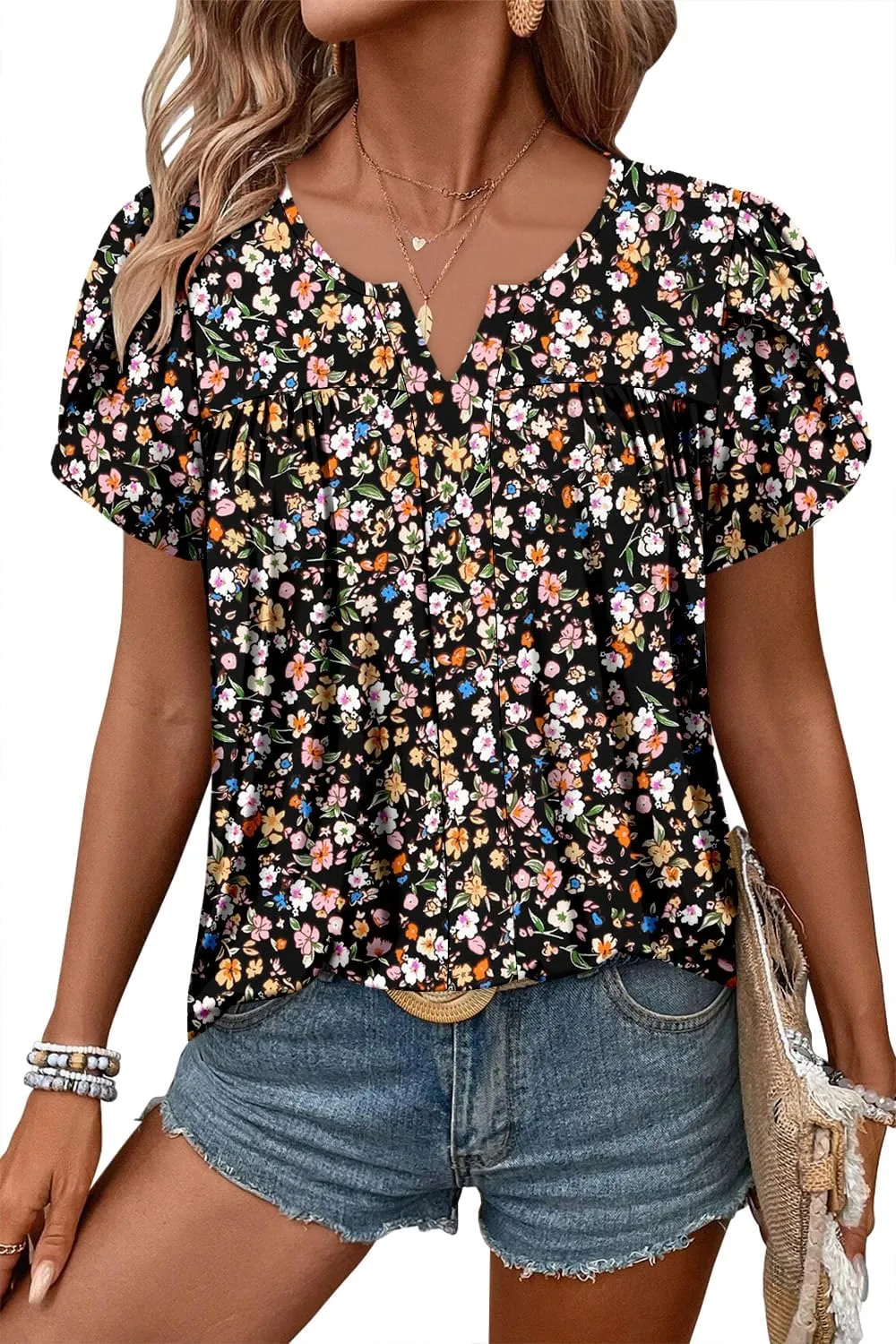 CRAZY GRID Womens Summer Tops Petal Short Sleeve Tshirt Summer Floral Boho Shirts Casual Flowy Tee Comfy Blouses