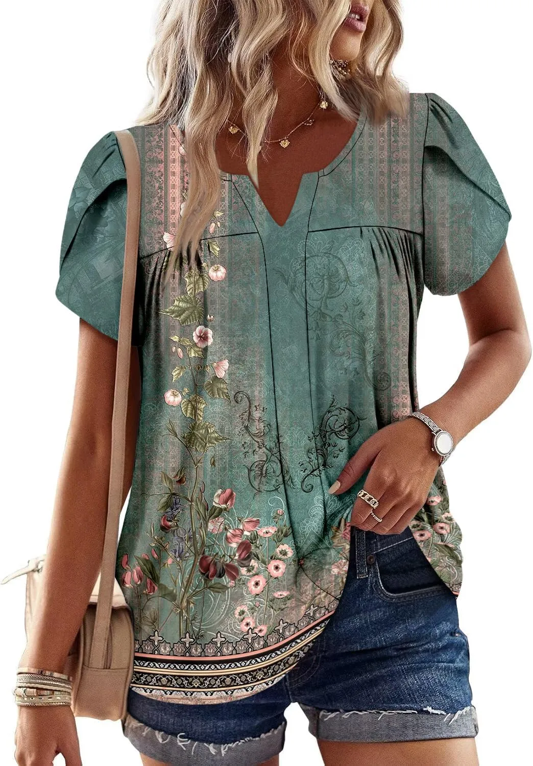 CRAZY GRID Womens Summer Tops Petal Short Sleeve Tshirt Summer Floral Boho Shirts Casual Flowy Tee Comfy Blouses