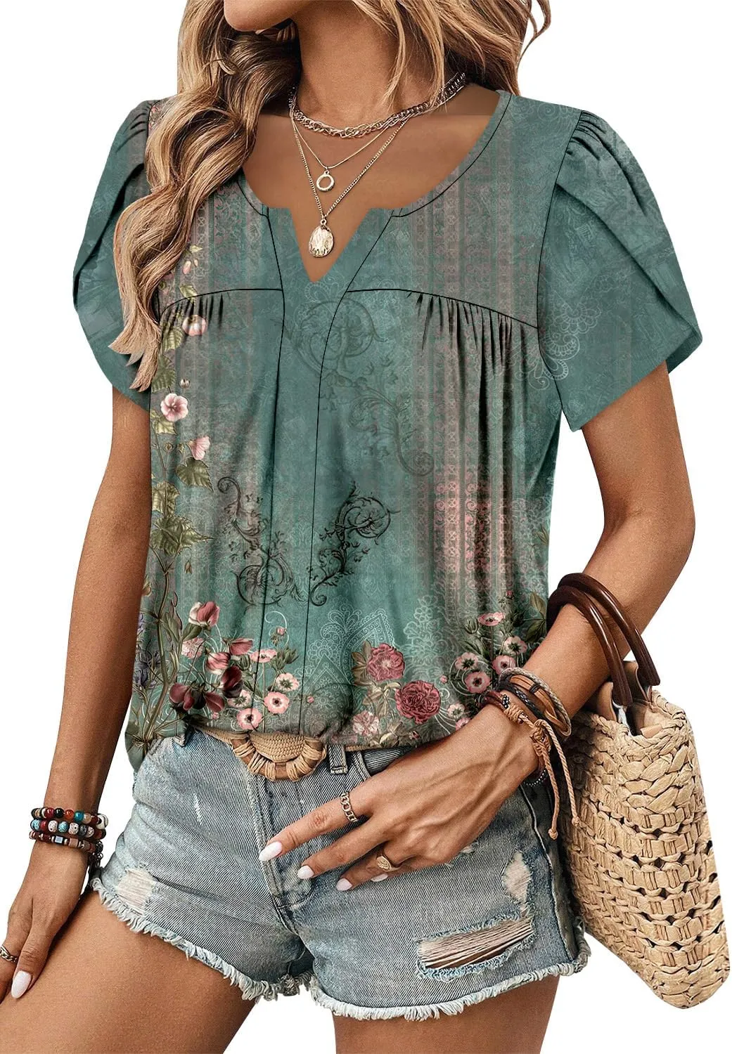 CRAZY GRID Womens Summer Tops Petal Short Sleeve Tshirt Summer Floral Boho Shirts Casual Flowy Tee Comfy Blouses
