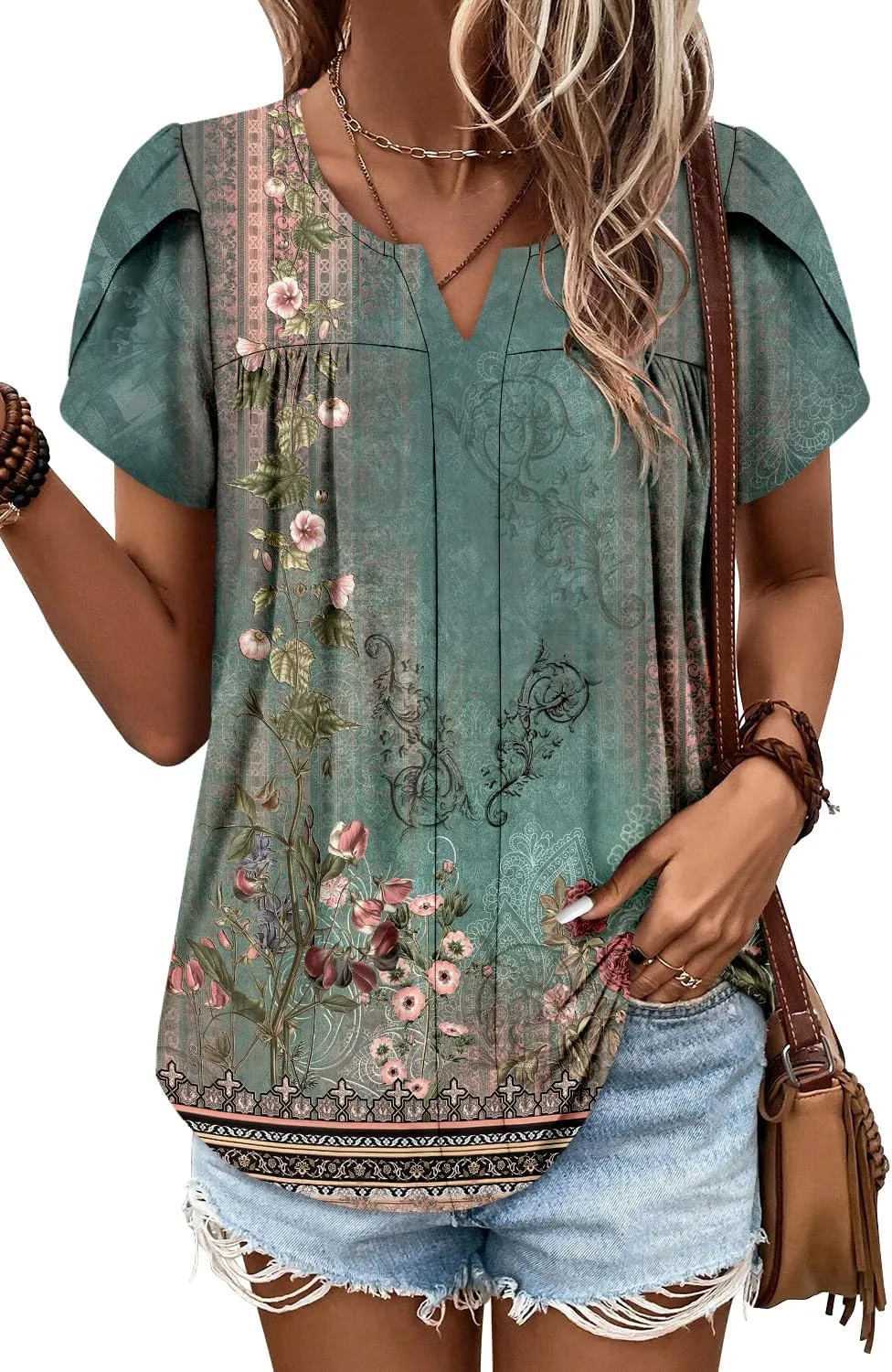 CRAZY GRID Womens Summer Tops Petal Short Sleeve Tshirt Summer Floral Boho Shirts Casual Flowy Tee Comfy Blouses