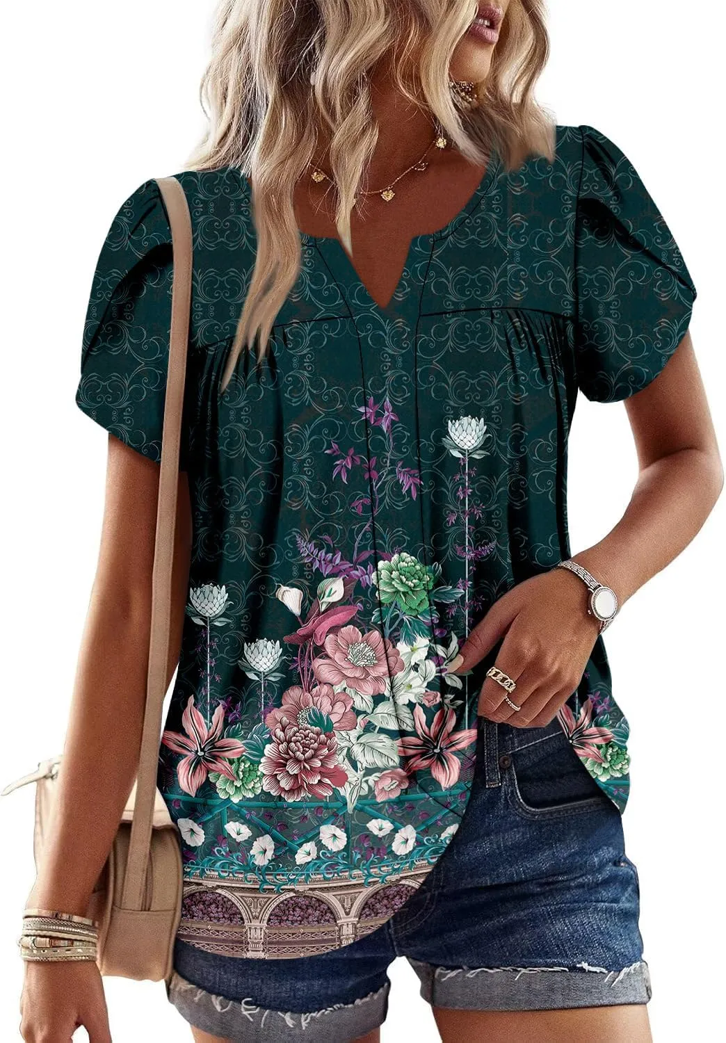 CRAZY GRID Womens Summer Tops Petal Short Sleeve Tshirt Summer Floral Boho Shirts Casual Flowy Tee Comfy Blouses