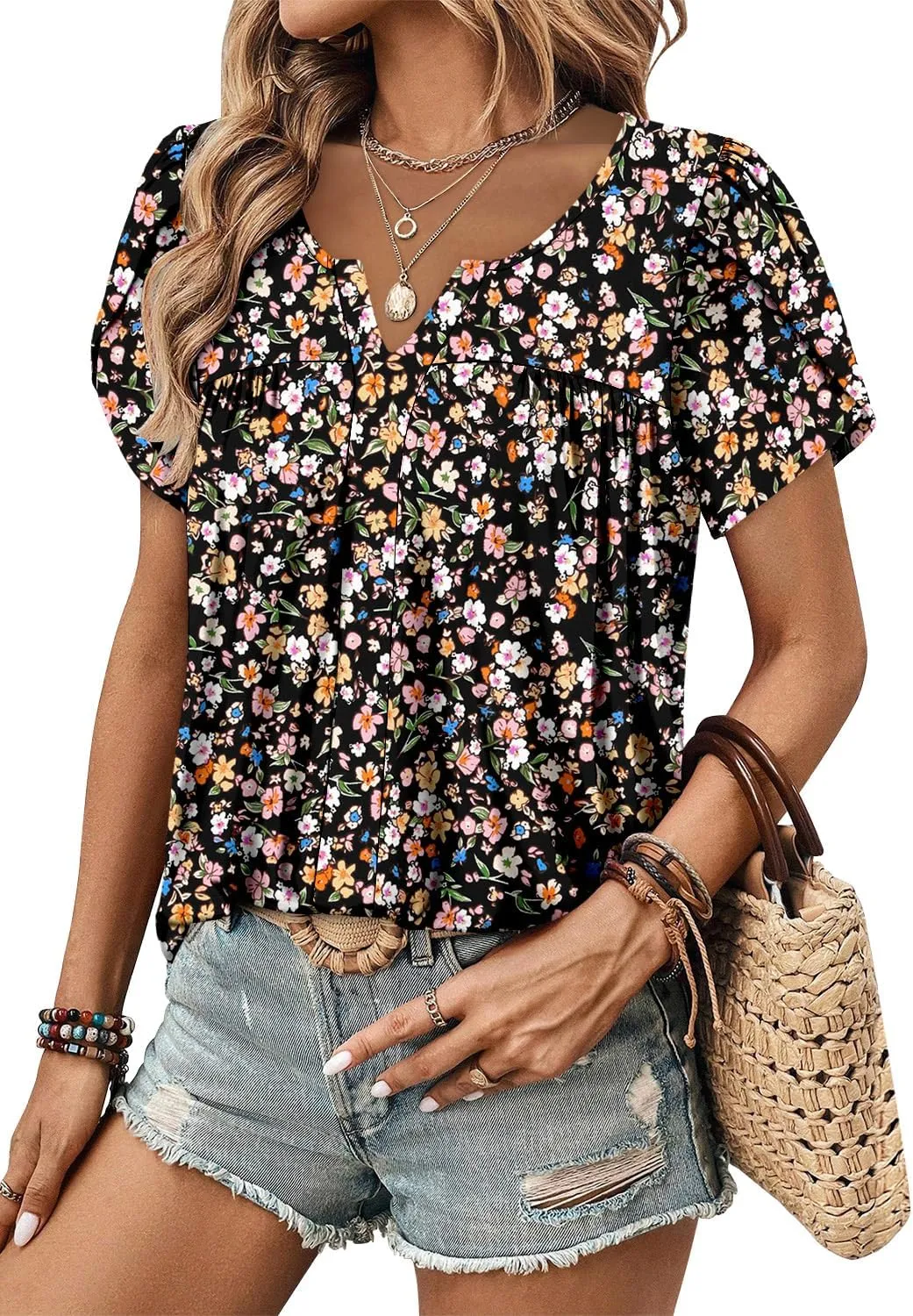 CRAZY GRID Womens Summer Tops Petal Short Sleeve Tshirt Summer Floral Boho Shirts Casual Flowy Tee Comfy Blouses