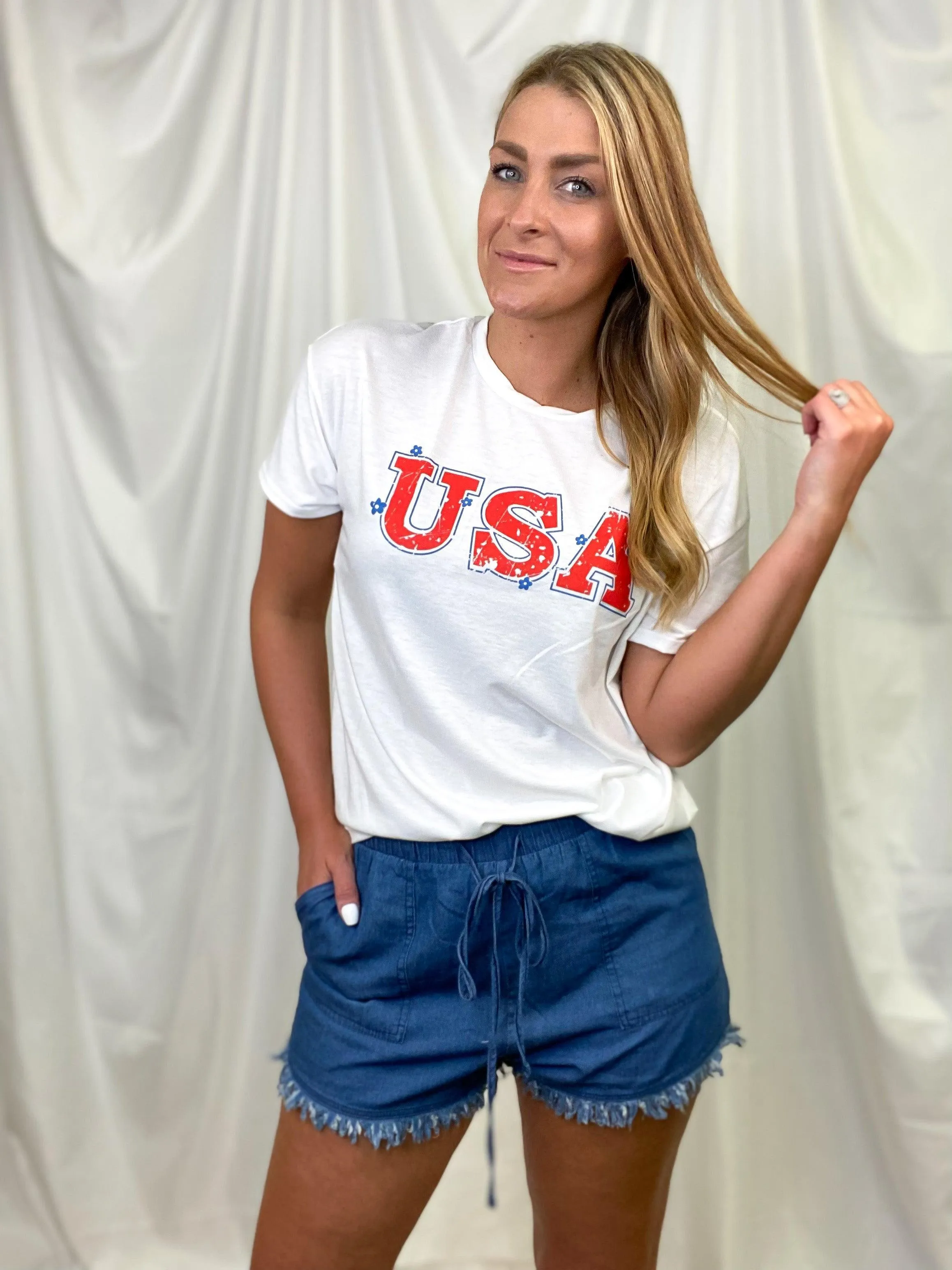 Dark Chambray Fringe Hem Drawstring Shorts