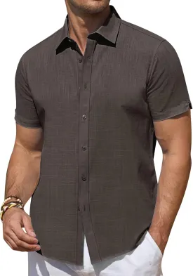 DEMEANOR Linen Shirts for Men Short Sleeve Button Down Shirts Summer Beach Casual Linen Button Up Shirt Vacation Wedding