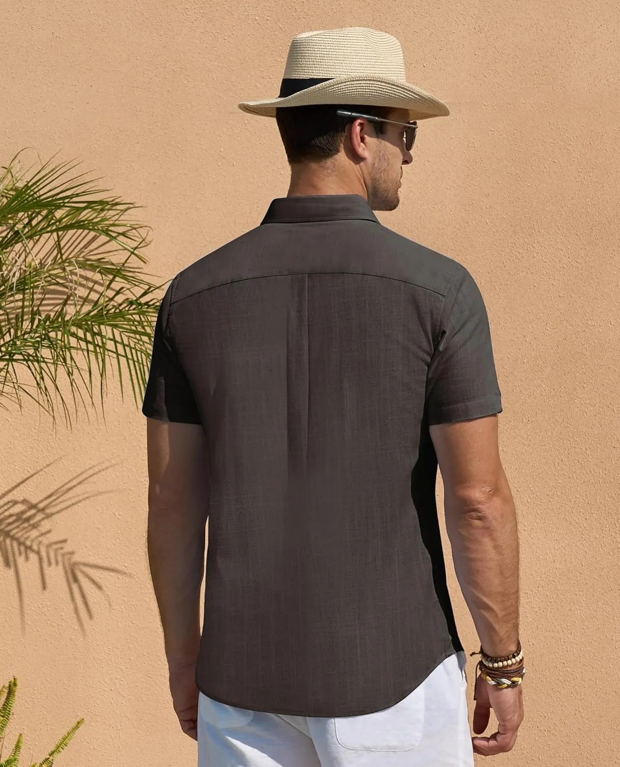 DEMEANOR Linen Shirts for Men Short Sleeve Button Down Shirts Summer Beach Casual Linen Button Up Shirt Vacation Wedding