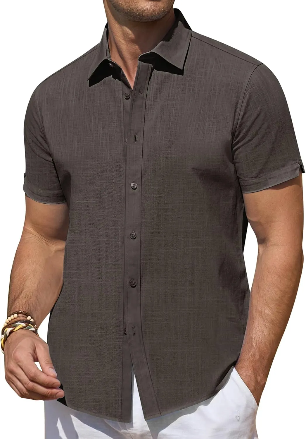 DEMEANOR Linen Shirts for Men Short Sleeve Button Down Shirts Summer Beach Casual Linen Button Up Shirt Vacation Wedding