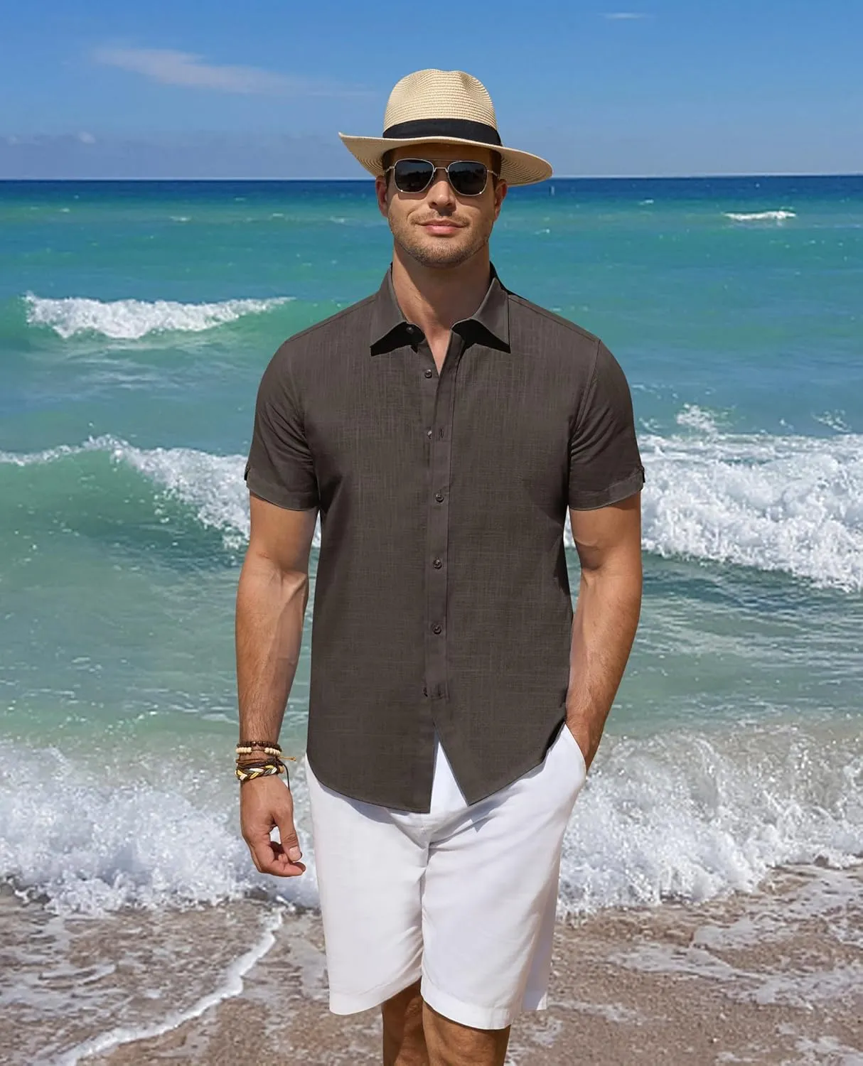 DEMEANOR Linen Shirts for Men Short Sleeve Button Down Shirts Summer Beach Casual Linen Button Up Shirt Vacation Wedding