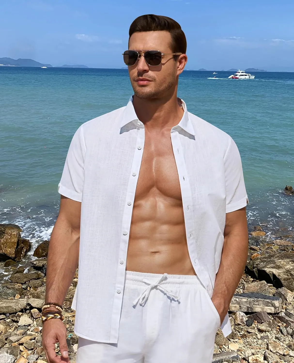 DEMEANOR Linen Shirts for Men Short Sleeve Button Down Shirts Summer Beach Casual Linen Button Up Shirt Vacation Wedding