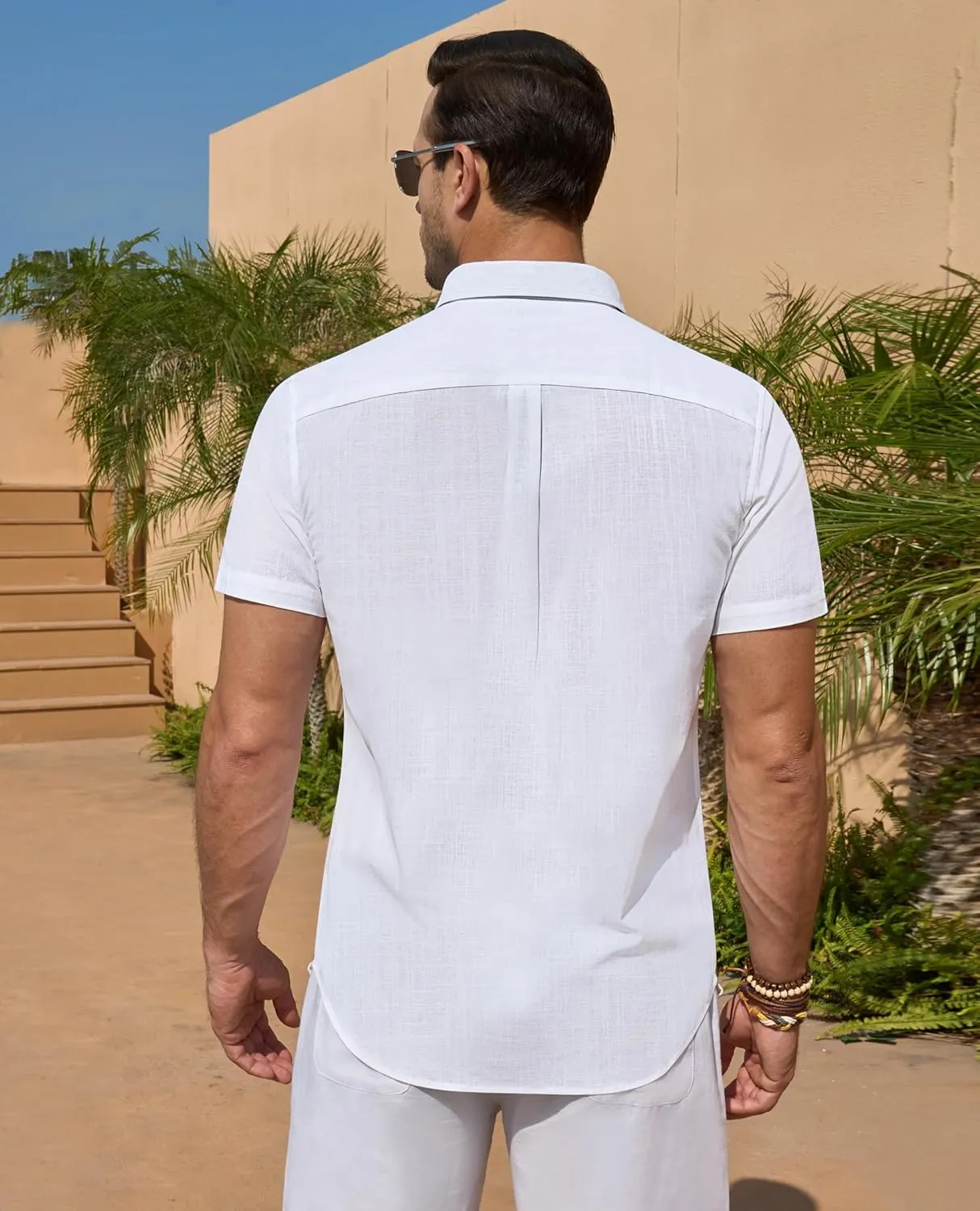 DEMEANOR Linen Shirts for Men Short Sleeve Button Down Shirts Summer Beach Casual Linen Button Up Shirt Vacation Wedding