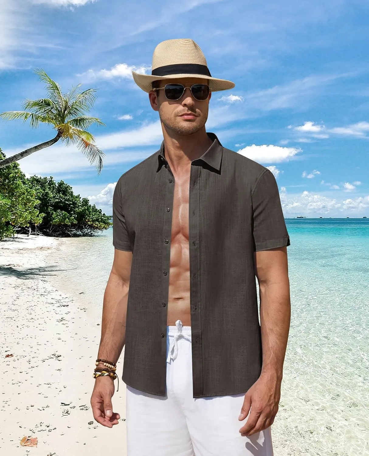 DEMEANOR Linen Shirts for Men Short Sleeve Button Down Shirts Summer Beach Casual Linen Button Up Shirt Vacation Wedding