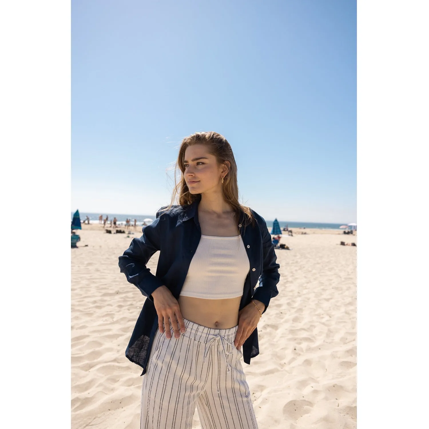 Drawstring Smocked Waistband Linen Beach Pants - Blue White