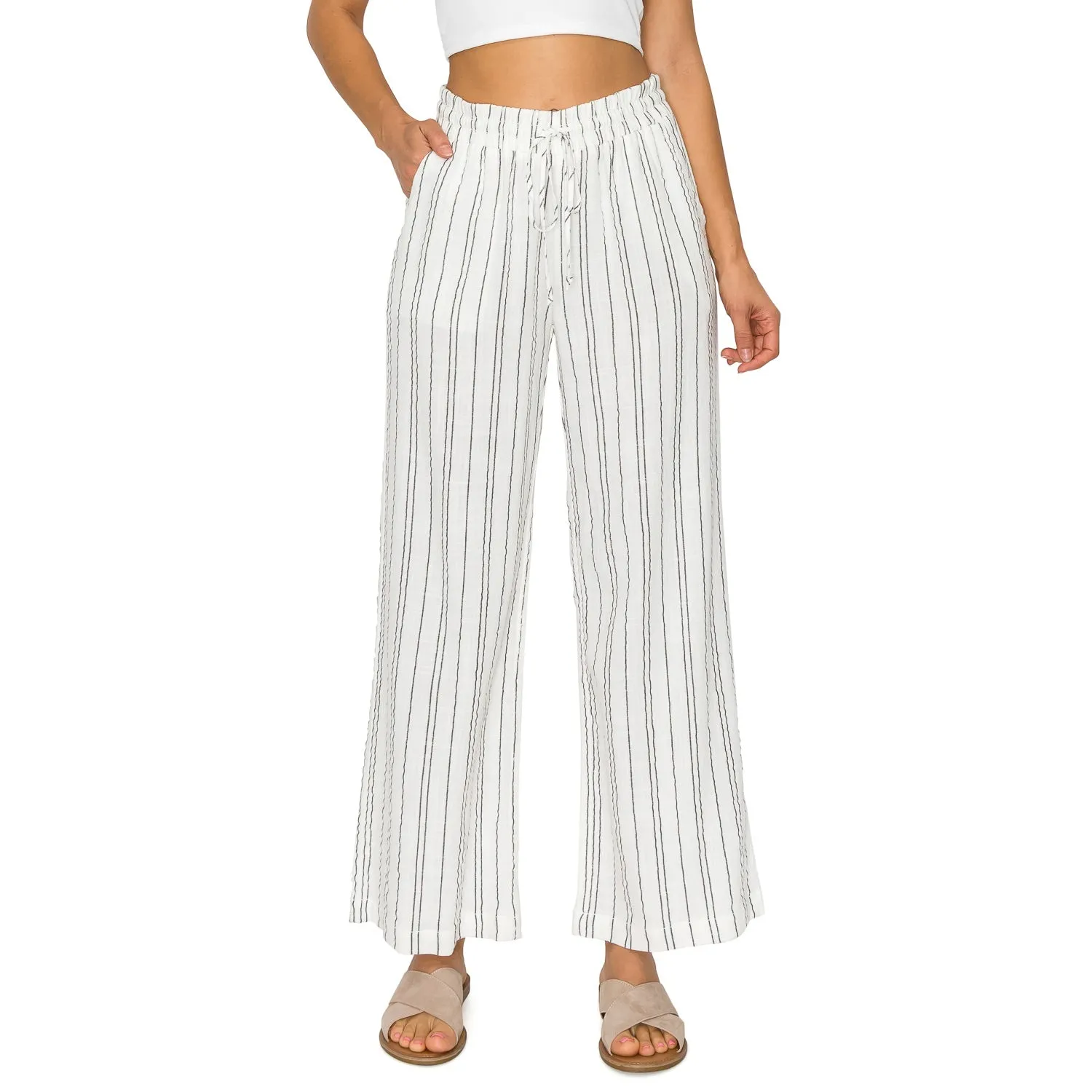 Drawstring Smocked Waistband Linen Beach Pants - Blue White