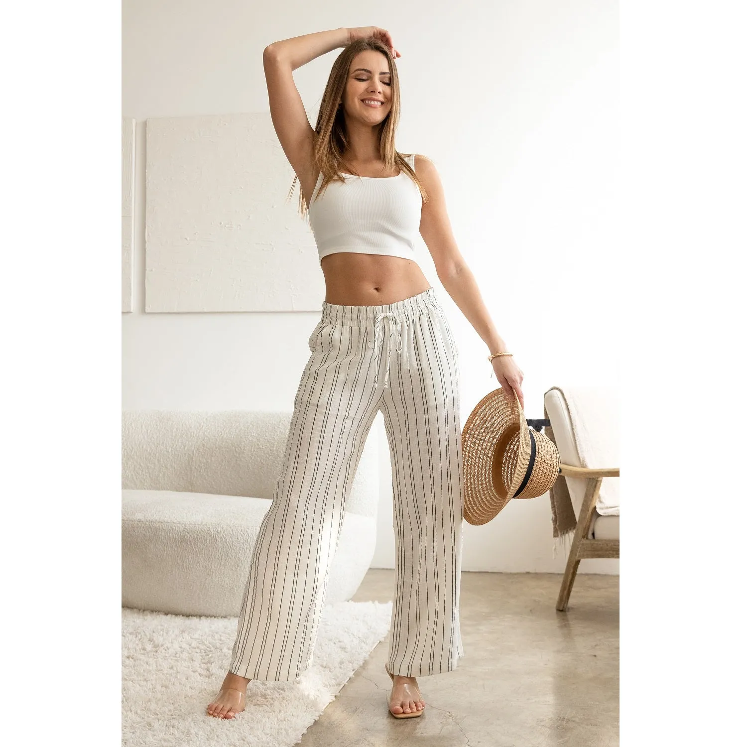 Drawstring Smocked Waistband Linen Beach Pants - Blue White