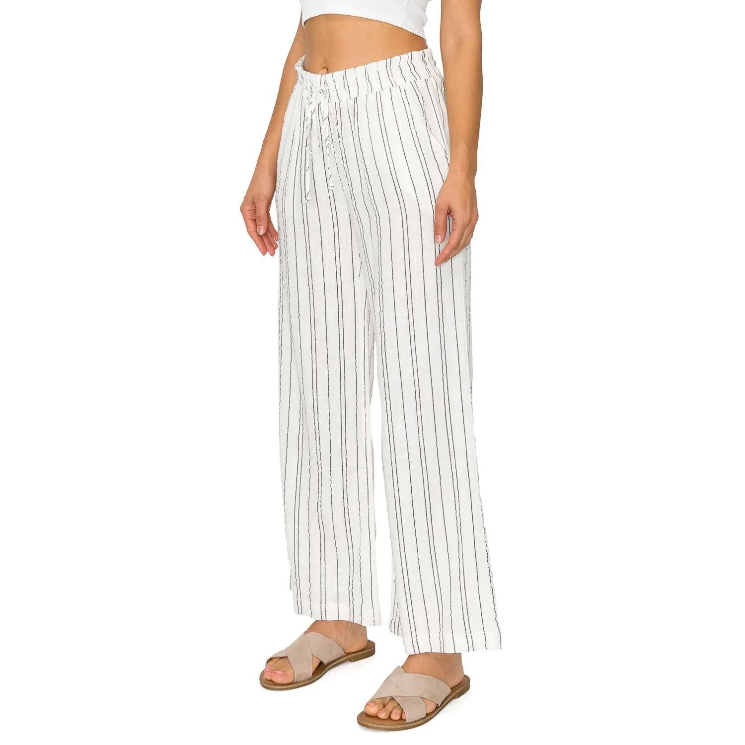 Drawstring Smocked Waistband Linen Beach Pants - Blue White
