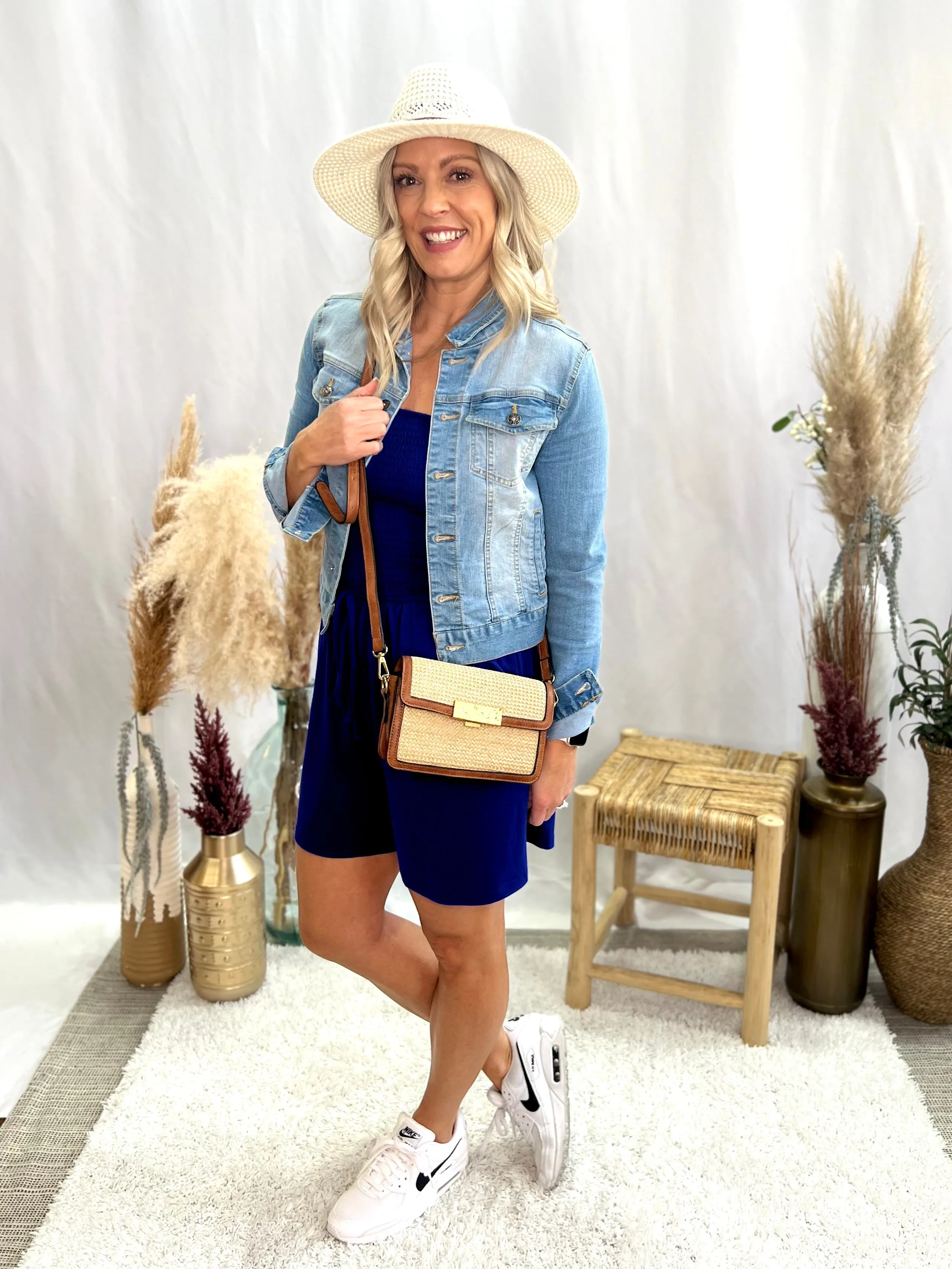 Elizabeth Straw Crossbody w/ Vegan Leather Trim & Lock Closure, Tan