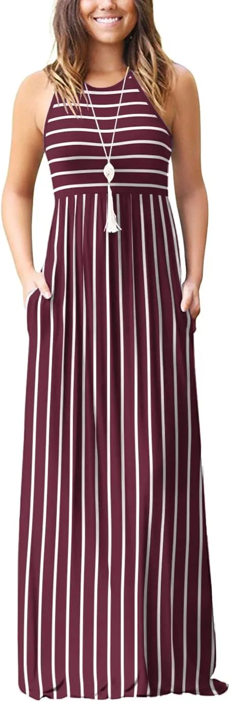 EUOVMY Women's Sleeveless Dress Casual Plain Loose Summer Vacation Long Maxi Dresses with Pockets