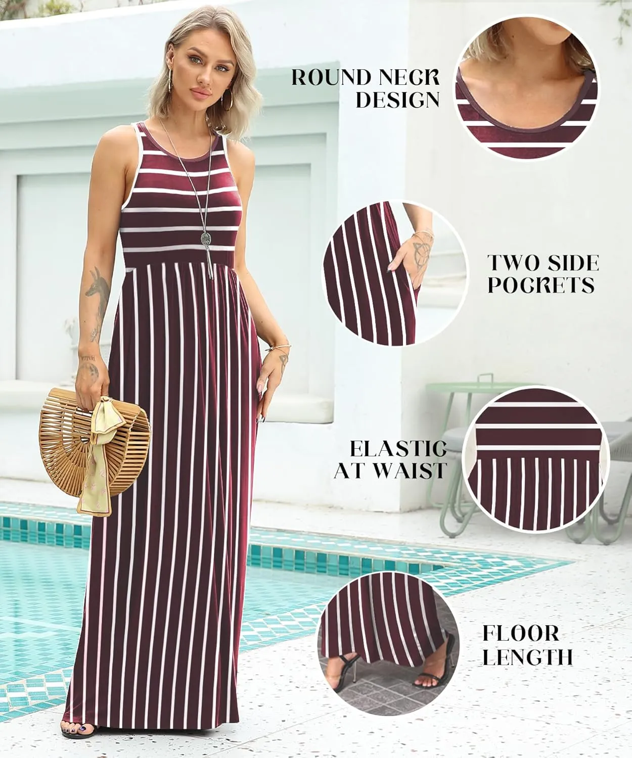 EUOVMY Women's Sleeveless Dress Casual Plain Loose Summer Vacation Long Maxi Dresses with Pockets