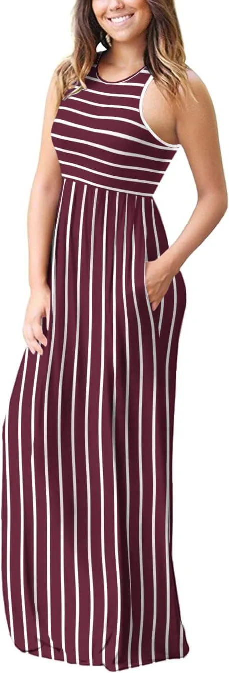EUOVMY Women's Sleeveless Dress Casual Plain Loose Summer Vacation Long Maxi Dresses with Pockets