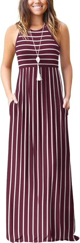EUOVMY Women's Sleeveless Dress Casual Plain Loose Summer Vacation Long Maxi Dresses with Pockets