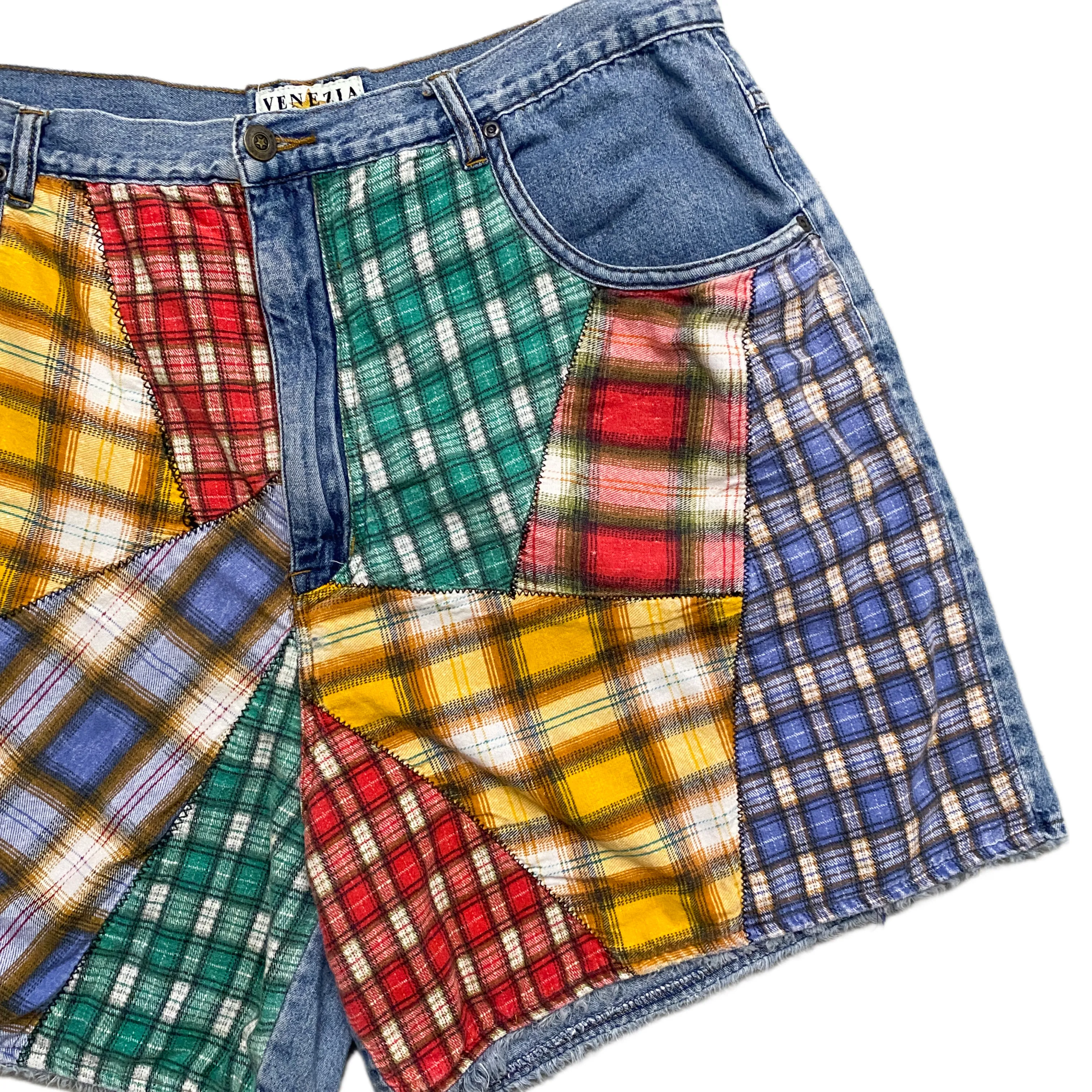 Flannel Patched Denim Shorts (1X)