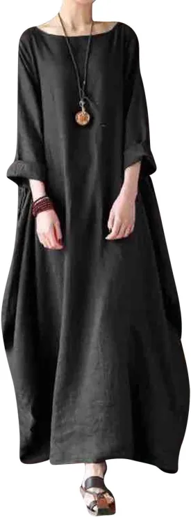 Jacansi Women's Cotton Linen Dress with Pocket Oversized Loose Dress Kaftan Dress