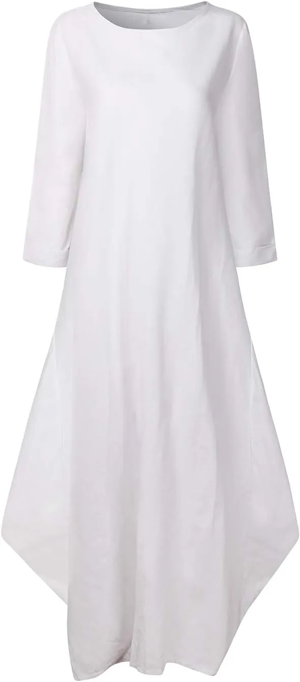 Jacansi Women's Cotton Linen Dress with Pocket Oversized Loose Dress Kaftan Dress