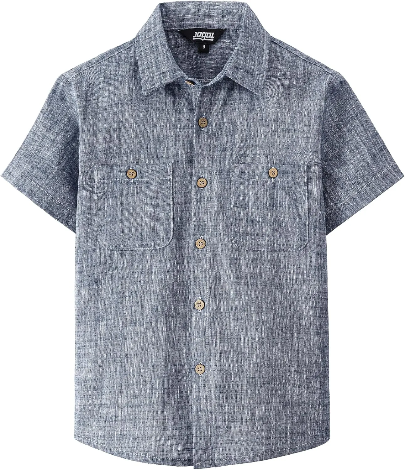 JOGAL Boys Chambray Shirts Short Sleeve Button Down Casual Cotton Woven Shirt with Two Pockets for Kids 6-14 Years