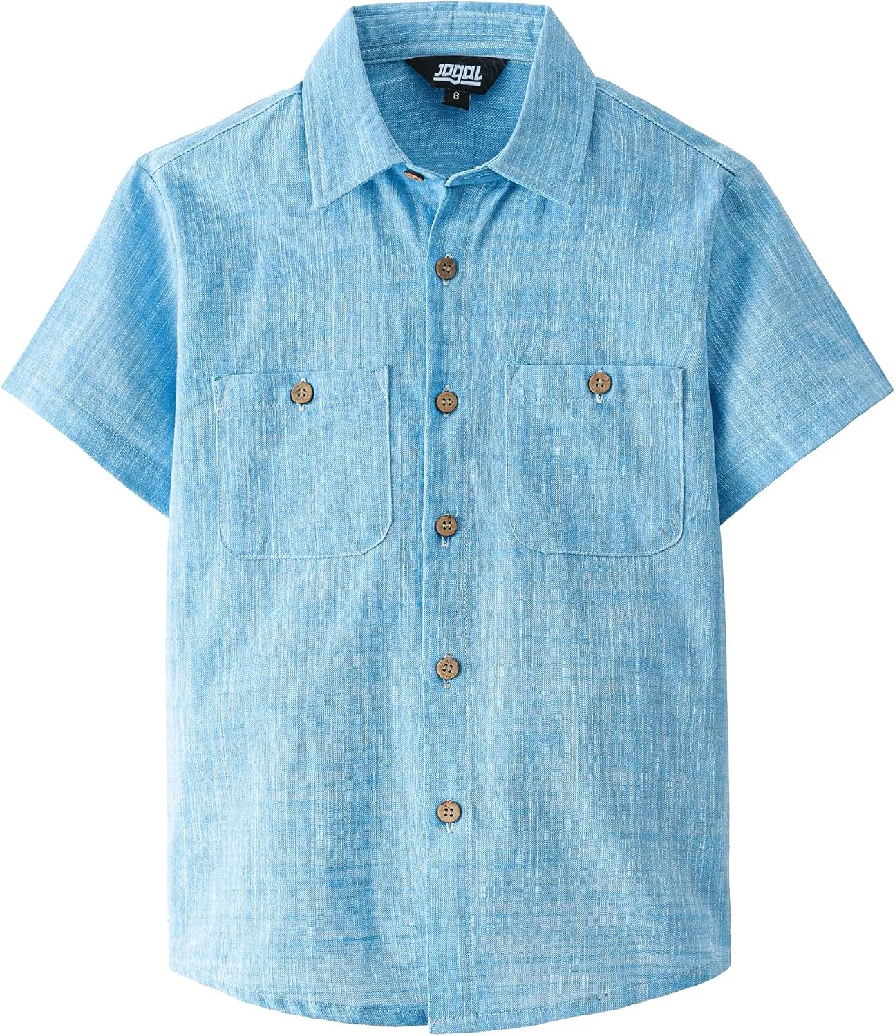 JOGAL Boys Chambray Shirts Short Sleeve Button Down Casual Cotton Woven Shirt with Two Pockets for Kids 6-14 Years