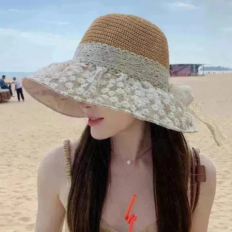 Lace Bow Straw Fisherman Hat Summer Outdoor Sunhat With Large Brim Anti-UV Sunshade And Face Protection Hat