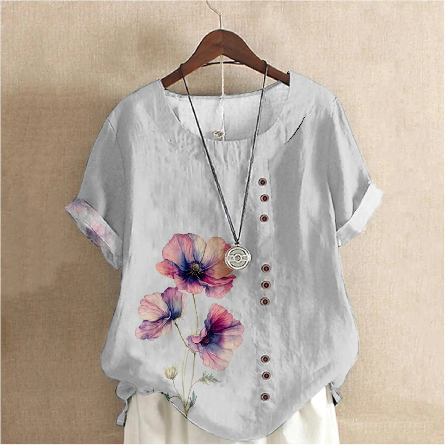 Ladies Linen Blend Tunic Tops Womens Button Boho Floral Printed Crewneck Short Sleeve Shirts Summer Vacation Blouse