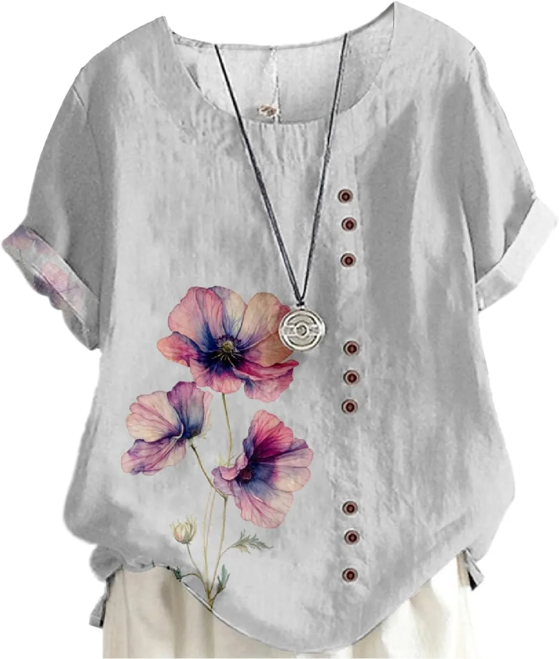Ladies Linen Blend Tunic Tops Womens Button Boho Floral Printed Crewneck Short Sleeve Shirts Summer Vacation Blouse