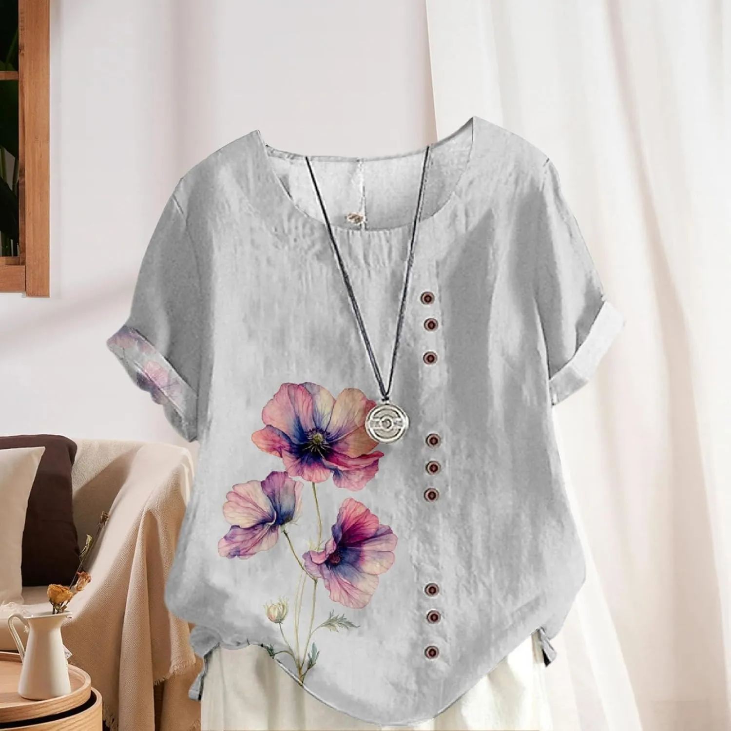Ladies Linen Blend Tunic Tops Womens Button Boho Floral Printed Crewneck Short Sleeve Shirts Summer Vacation Blouse