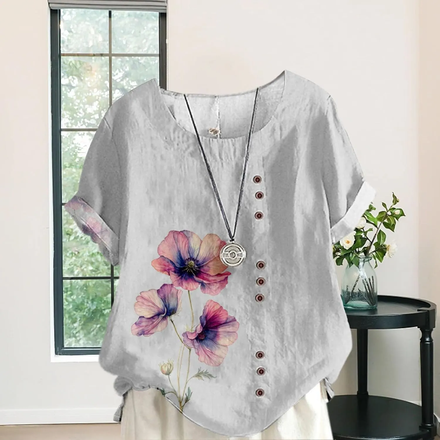 Ladies Linen Blend Tunic Tops Womens Button Boho Floral Printed Crewneck Short Sleeve Shirts Summer Vacation Blouse