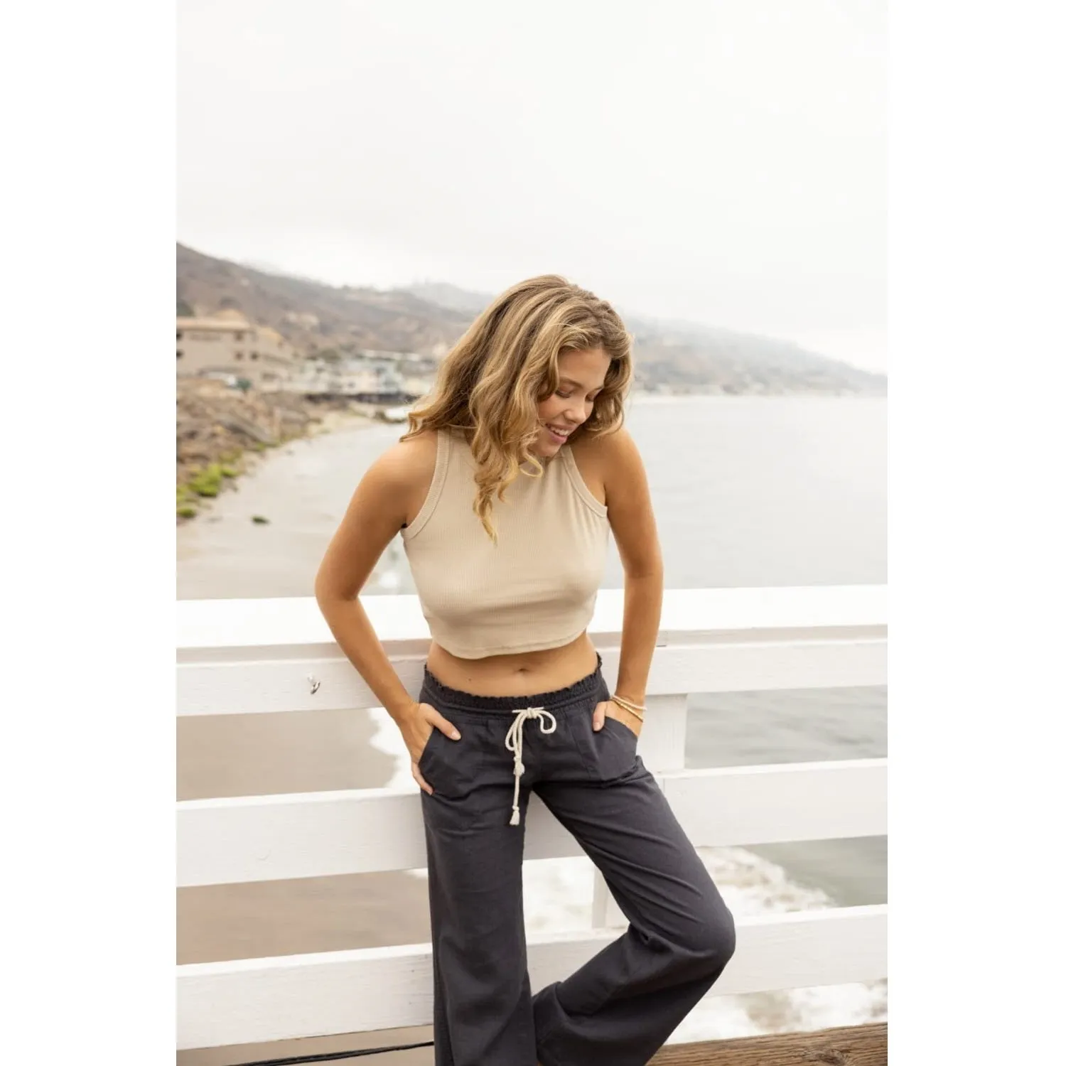 Linen Pants 32" Inseam Drawstring Smocked Waist Beach Pants - Heather Grey