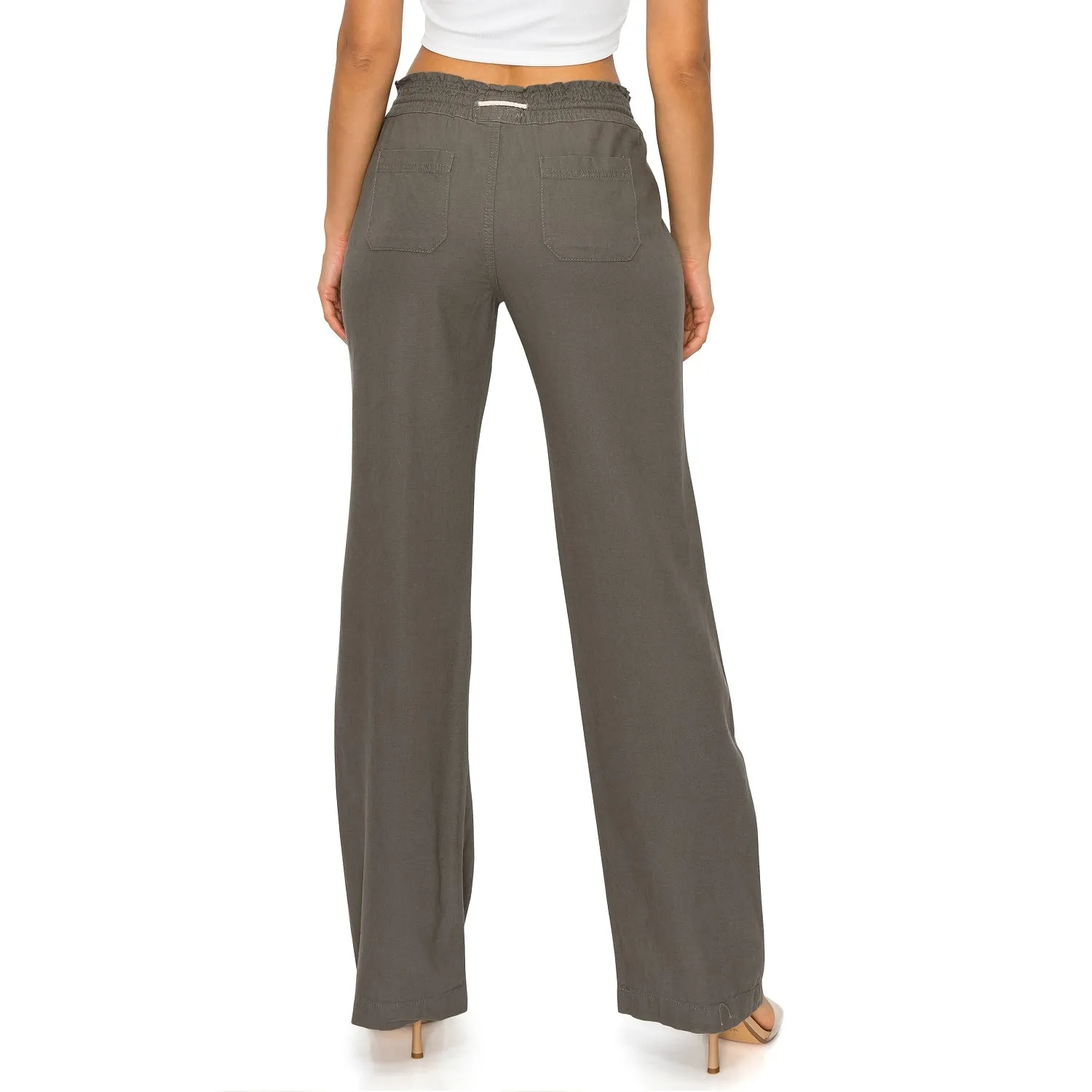 Linen Pants 32" Inseam Drawstring Smocked Waist Beach Pants - Heather Grey