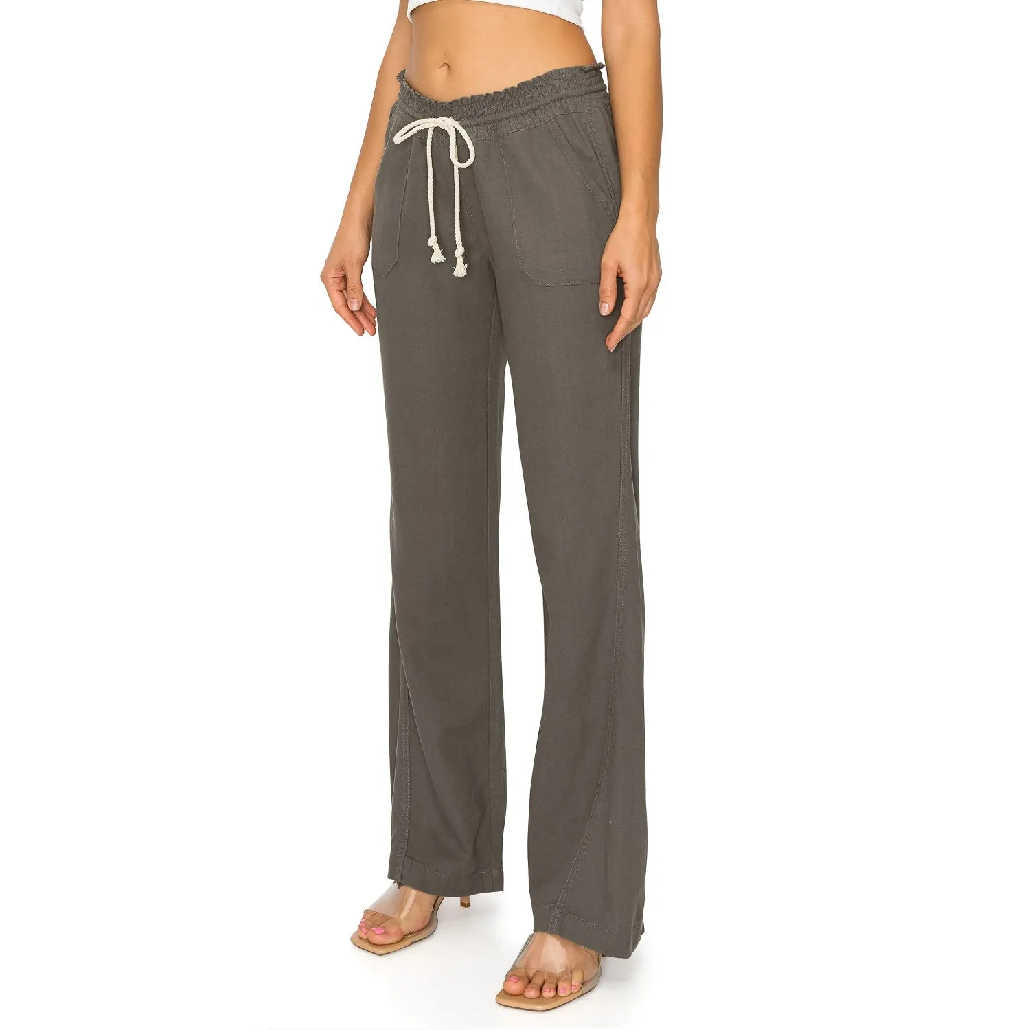 Linen Pants 32" Inseam Drawstring Smocked Waist Beach Pants - Heather Grey