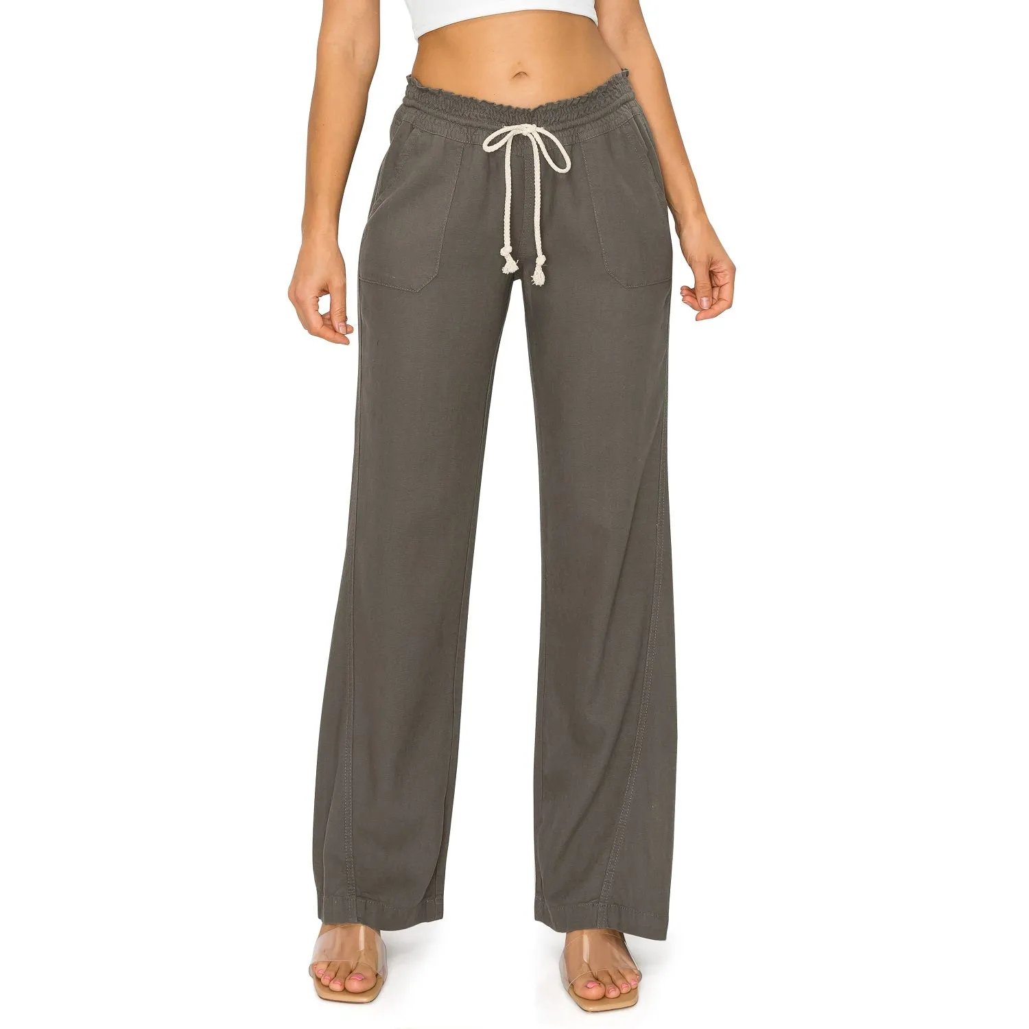 Linen Pants 32" Inseam Drawstring Smocked Waist Beach Pants - Heather Grey
