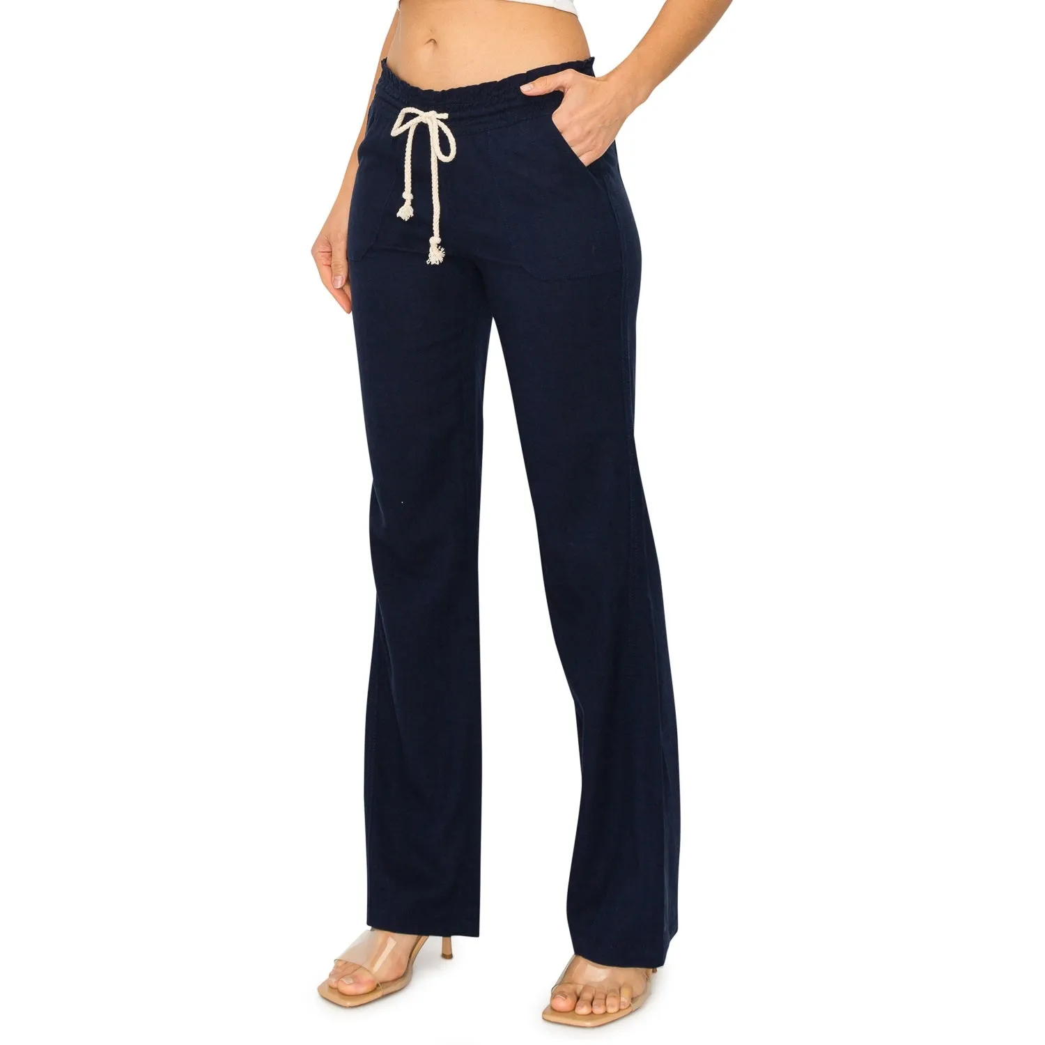 Linen Pants 32" Inseam Drawstring Smocked Waist Beach Pants - Navy