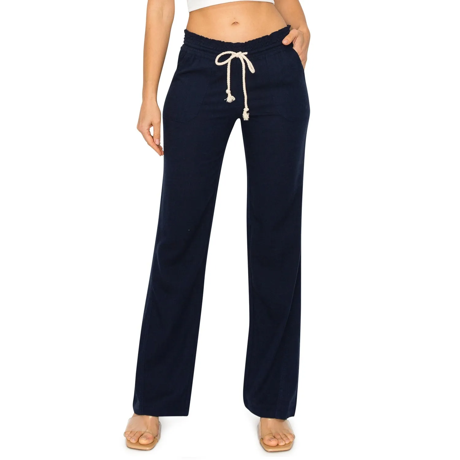 Linen Pants 32" Inseam Drawstring Smocked Waist Beach Pants - Navy