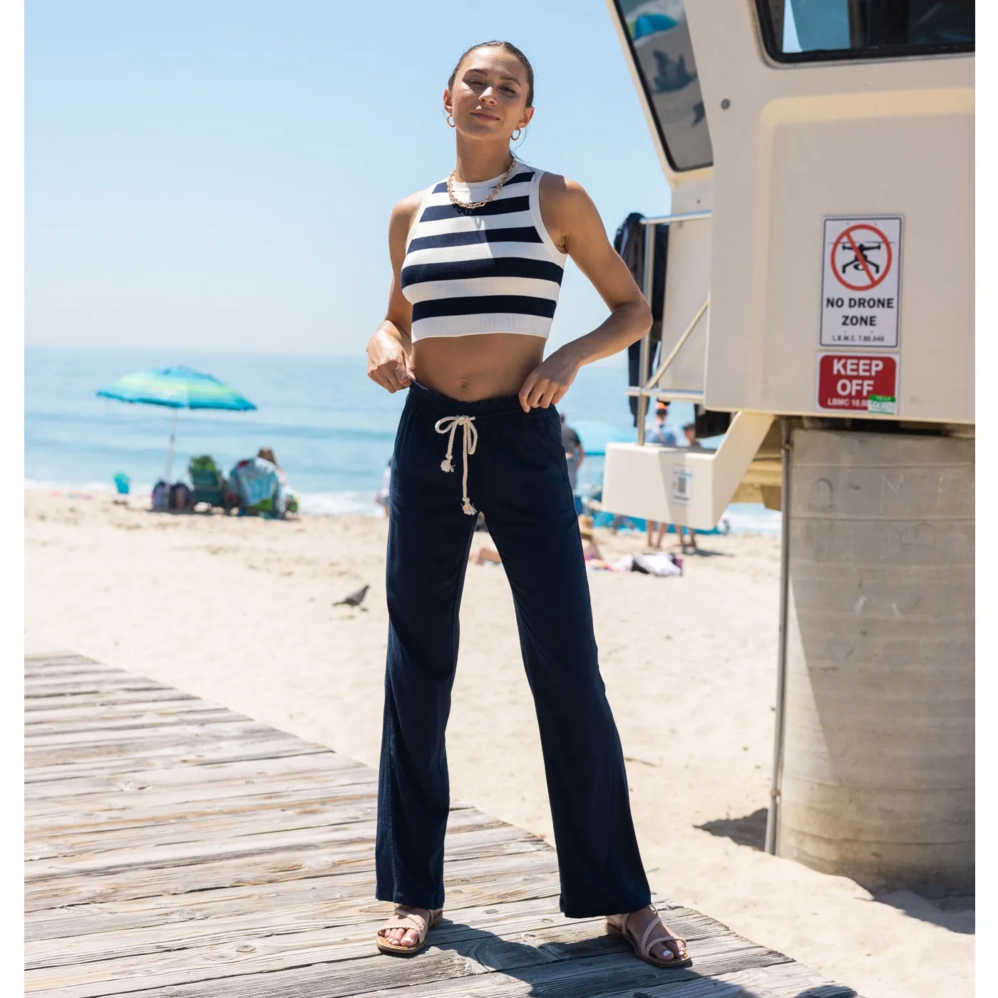 Linen Pants 32" Inseam Drawstring Smocked Waist Beach Pants - Navy