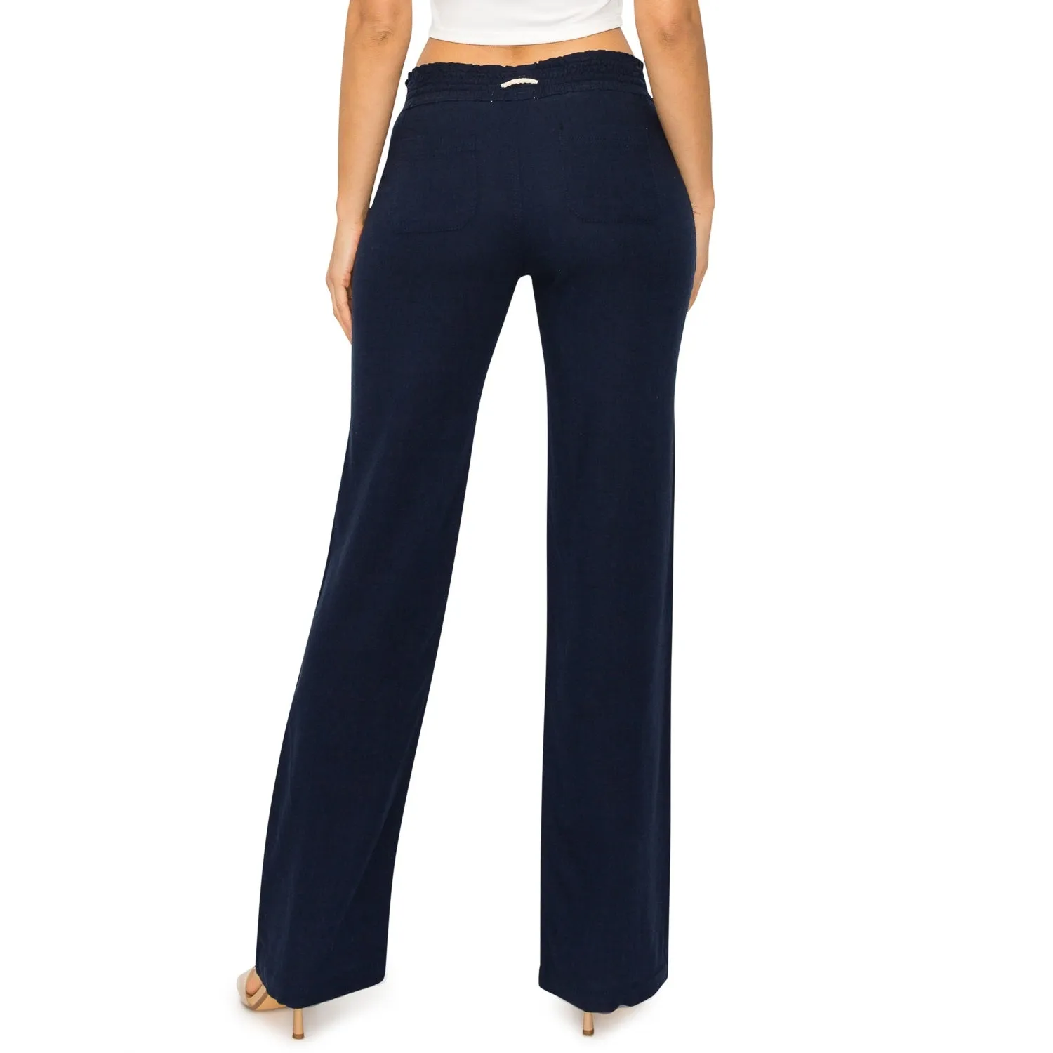 Linen Pants 32" Inseam Drawstring Smocked Waist Beach Pants - Navy