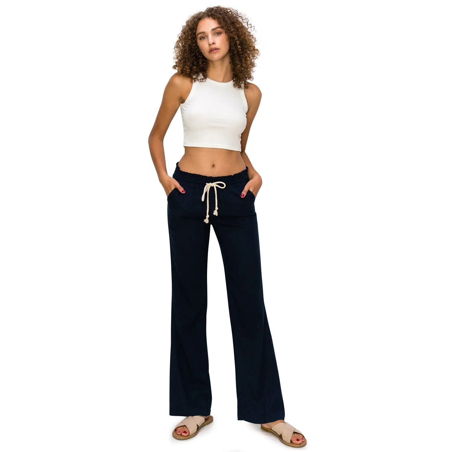 Linen Pants 32" Inseam Drawstring Smocked Waist Beach Pants - Navy