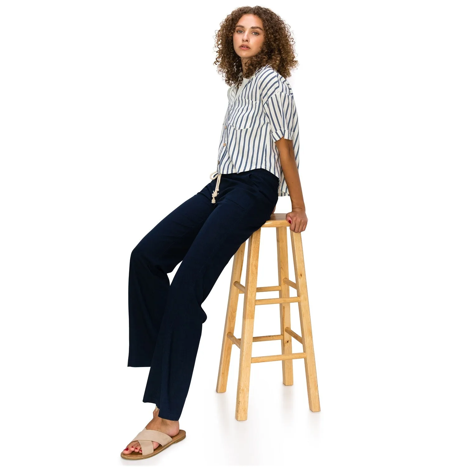 Linen Pants 32" Inseam Drawstring Smocked Waist Beach Pants - Navy
