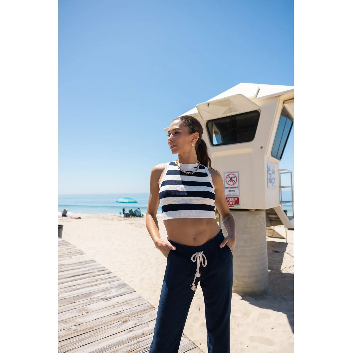 Linen Pants 32" Inseam Drawstring Smocked Waist Beach Pants - Navy