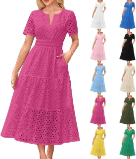 Maxi Dresses for Women 2025 Summer Short Sleeve Casual V Neck Hollow Out Eyelet Ruffle Swing A Line Long Dress