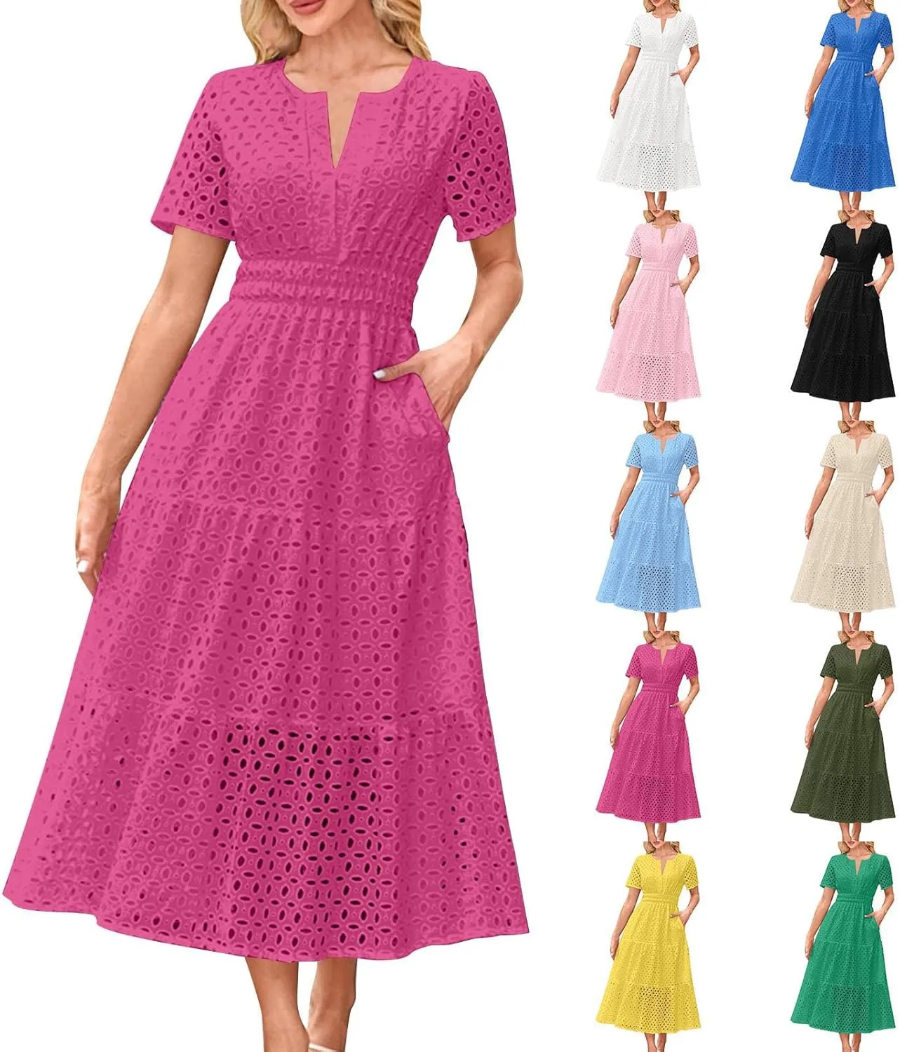 Maxi Dresses for Women 2025 Summer Short Sleeve Casual V Neck Hollow Out Eyelet Ruffle Swing A Line Long Dress